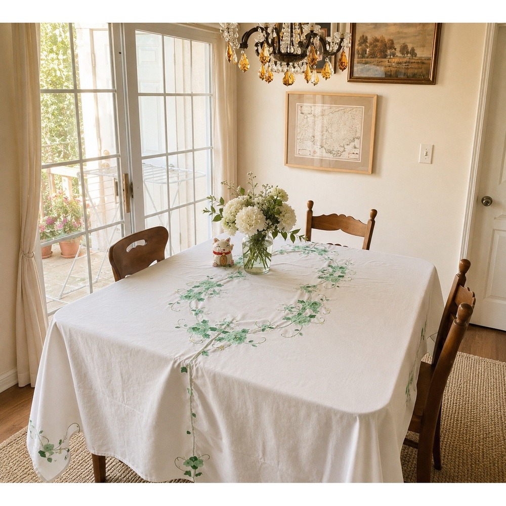 Vintage Floral Embroidered Tablecloth 70x88" Green Applique Cottage Shabby Chic